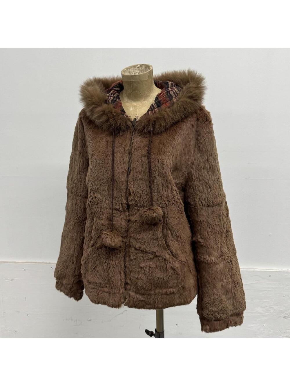 Vintage Y2K Reversible Hooded Brown Rabbit & Fox Fur Jacket Coat